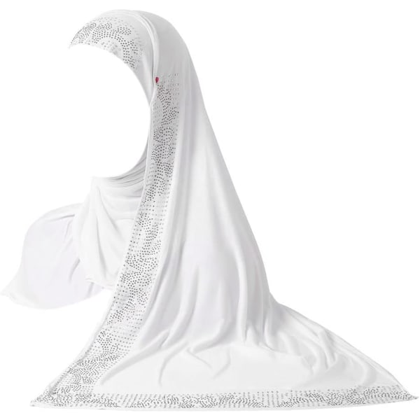 YC Dam glänsande strass muslimsk hijab elegant lång turban mössa huvud wrap scarf X vit Rhinest