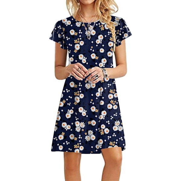 MOON Dam Mini-klänningar Sommarklänningar Casual Ruffle Korta Ärmar Söta Rund Hals Flowy Klänning med Ficka Daisy Marinblå Stor