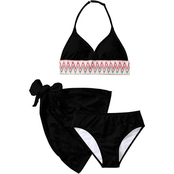 dusa Flickors 3-delad Halter Bikini Set Baddräkt med Överdragskjol Svart 9 år