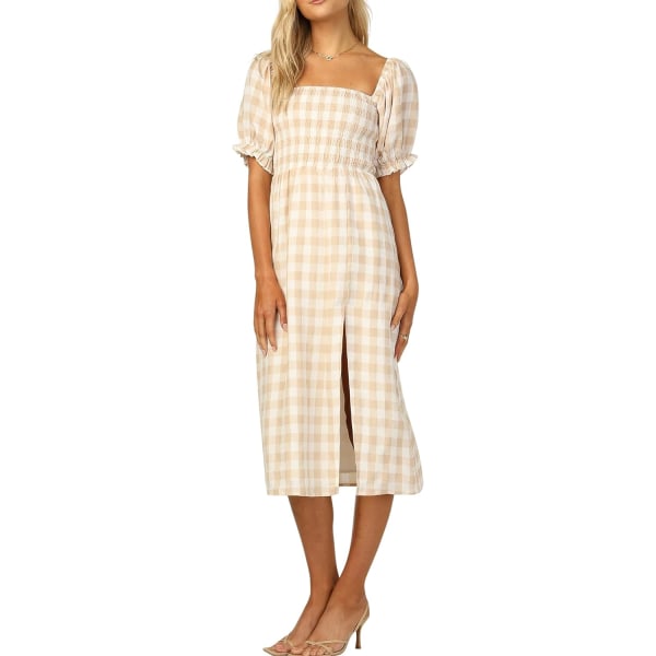 ivimos Sommarklänning för kvinnor Bomull Rutig Puffärmar Avslappnad Off-Shoulder Boho Sidoslitsad Midiklänning Gul-rutig X-Large