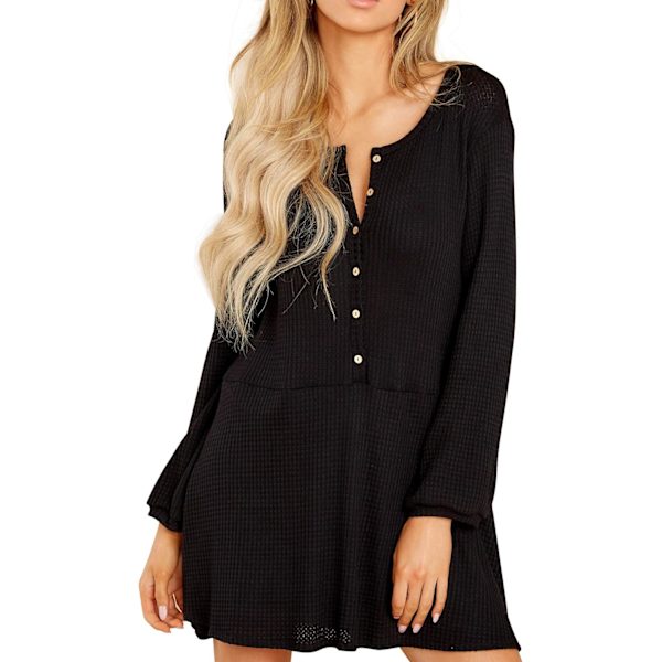 ivimos Dam Fall Bomull Långärmad Casual Knäppning Stickad Swing Flare Mini Tunika Klänning Svart Medium