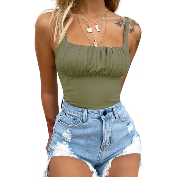 sv Crop Tank Top Sexig Kvadratisk V-hals Dubbelfodrad Ruched Korsett Söt Klippt Ärmlös Cami Sommar Outfit Utekväll Top Djupgrön XX-Large