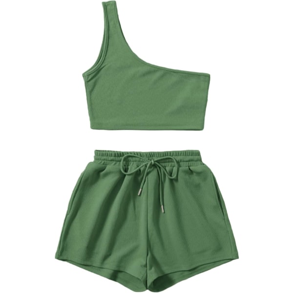 dusa linne med en axel för kvinnor och loungeshorts 2-delad träningsoverall Set Ljusgrön Large