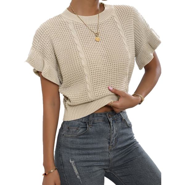 dusa Dam Ruffled Kortärmad Rund Hals Stickad Crop Top Pullover Tröja Beige Liten