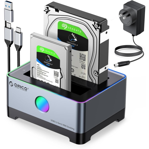 RGB USB 3.1 till SATA-hårddiskdockningsstation i aluminiumlegering med duplicerings-/kloningsfunktion för 2,5/3,5-tums hårddiskdocka Stöd 36 TB - Inkluderar 10 Gbps Type-C/Type-A-kabel - 5528C3-C