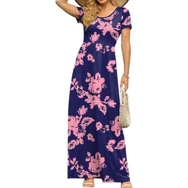 MOON kortärmade maxiklänningar för kvinnor Casual Empire midja lång klänning med fickor Rosa blommig Blu 3X-Large