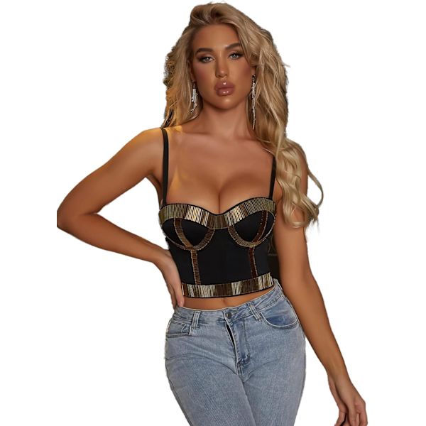 vila.Y Fashion Korsett Dam Sequin Punk Goth Bh Clubwear Svart Guld X-Small