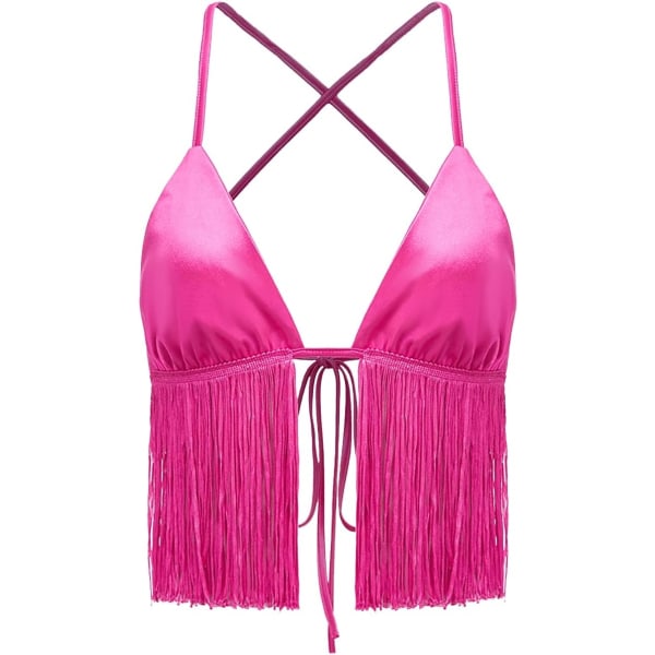 dusa Dam Crisscross Tie Rygglös Frans Kant Sleeveless Satin Crop Cami Top Hot Pink Medium