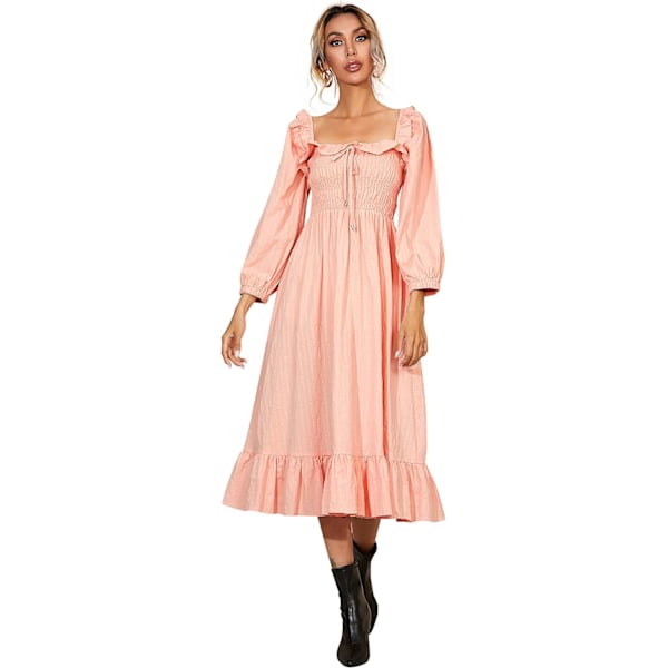 ivimos Dam Linen Höst Långärmad Randig Volang Boho Casual A-Linje Flytande Midiklänningar Rosa X-Large