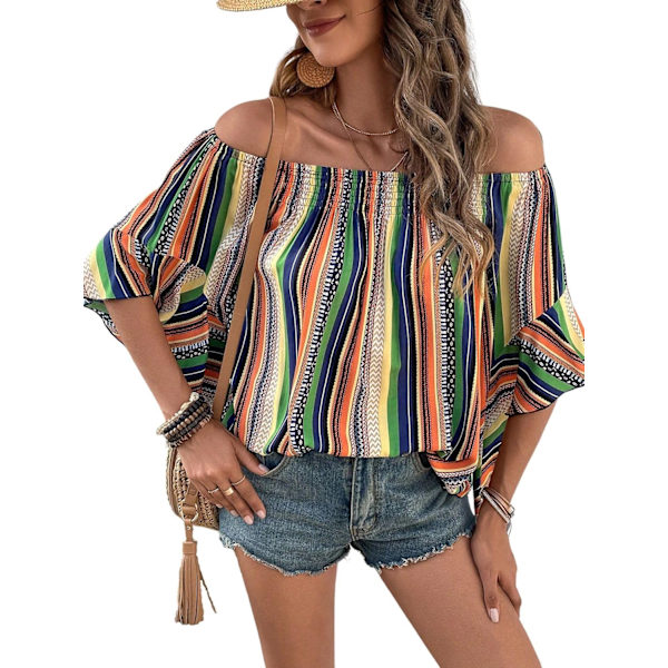 dusa Dam Off Shoulder Shirred Halv Ärm Lös Randig Blus Skjorta Topp Grön Multi Medium