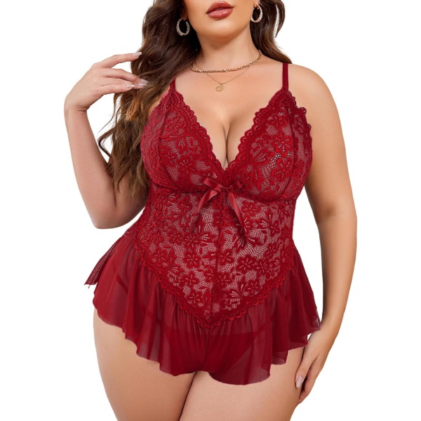 dlove Plus Size Lingerie för kvinnor Spets Bodysuit One Piece Teddy Babydoll Mesh Chemise V-ringad Nattkläder L-4XL Mörk Röd X-Large