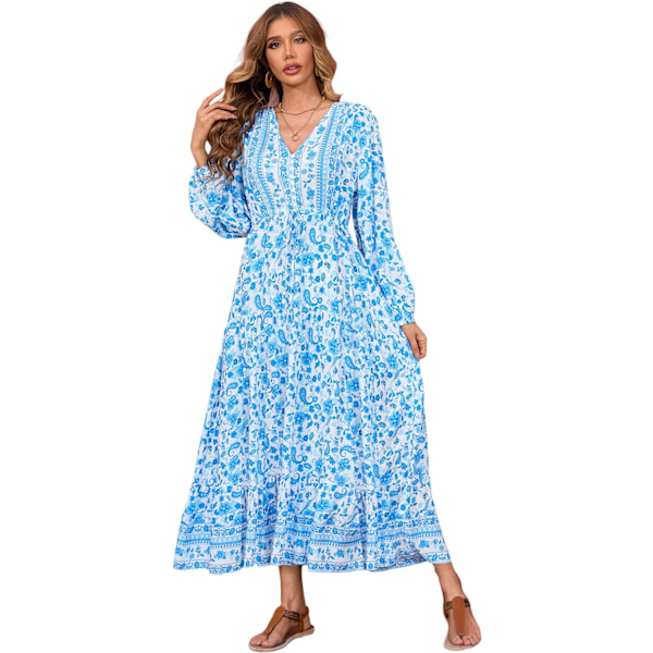 ivimos Dam långärmad bomull V-ringning knapp upp blommig tryck Boho flytande midiklänningar Whiteskyblue Large