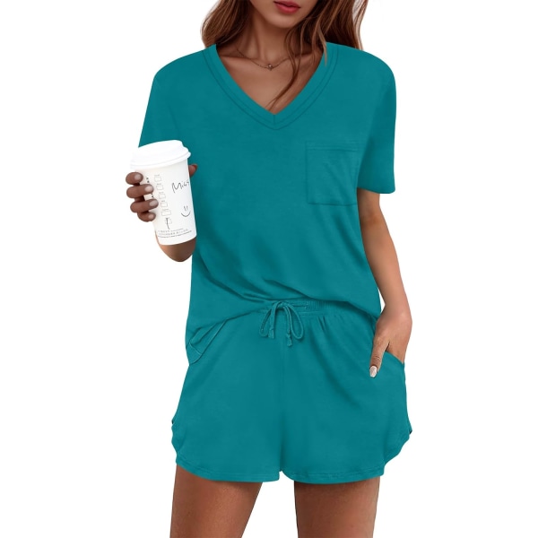 MOON Damkläder Pyjamas Set 2 Delar Lounge Set Söt Kort Pyjamas Med Ficka Sovkläder Turkos Liten