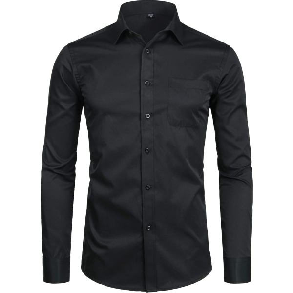 OYAA Långärmad herrskjorta Solid Slim Fit Casual Business Formella Button Up-skjortor med ficka Svart Liten