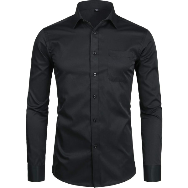 OYAA Långärmad herrskjorta Solid Slim Fit Casual Business Formella Button Up-skjortor med ficka Svart Stor