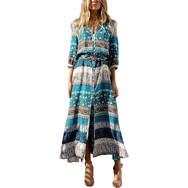 ivimos Dam Sommar Boho Knäppning V-hals Blommig Tryck Rulla Upp Avslappnad Split Strand Midi Klänningar Grön Liten