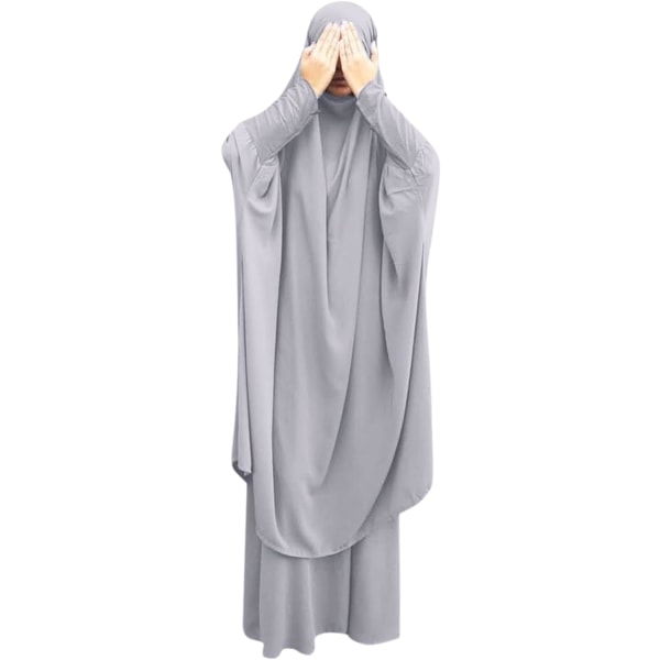 DEX Bönekläder för muslimska kvinnor Islamisk Abaya kostym Maxikjol + Khimar Hijab 2st Burka Jilbab Kaftan Grå One Size