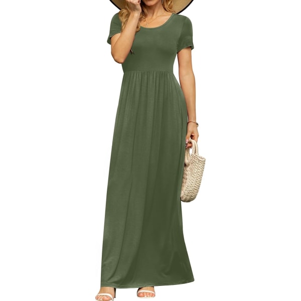 MOON kortärmade maxiklänningar för kvinnor Casual Empire Midja lång klänning med fickor Olive 3X-Large