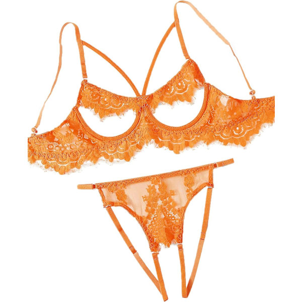 osy Sexig bygelblommig spets genomskinlig underklädesset för kvinnor genomskinlig behå och trosa 2 delar orange X-Large