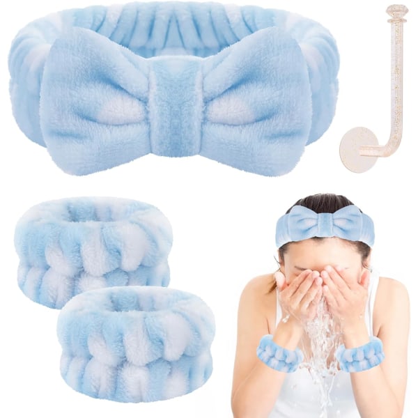 ETIA Face Wash Pannband och set, handledshanddukar för att tvätta ansiktet med hållare Mikrofiberarmband för tvätt F Blue White Dot