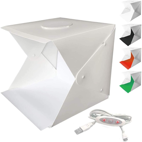 BY Fotostudio Tält Mini Hopvikbar Fotostudio Bärbar Ljuslåda Kit med LED Ljus Tält Justerbar Ljusstyrka 2 LED-lampor och 4 st Färgbakgrund（30x30 cm/12x12 tum）