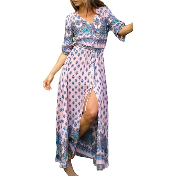 ivimos Dam Sommar Boho Knäppning V-hals Blommig Tryck Rulla Upp Avslappnad Split Strand Midi Klänningar Rosa Medium