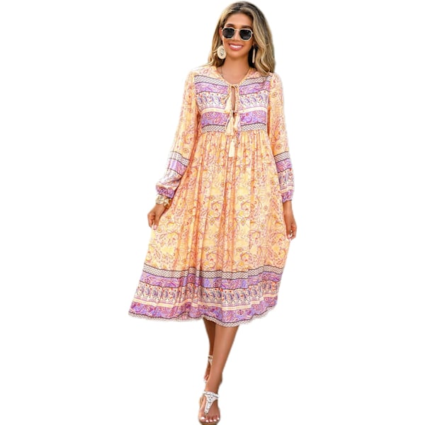 ivimos Dam långärmad blommig tryck retro V-ringad tofs casual bohemisk midiklänningar lila gul liten
