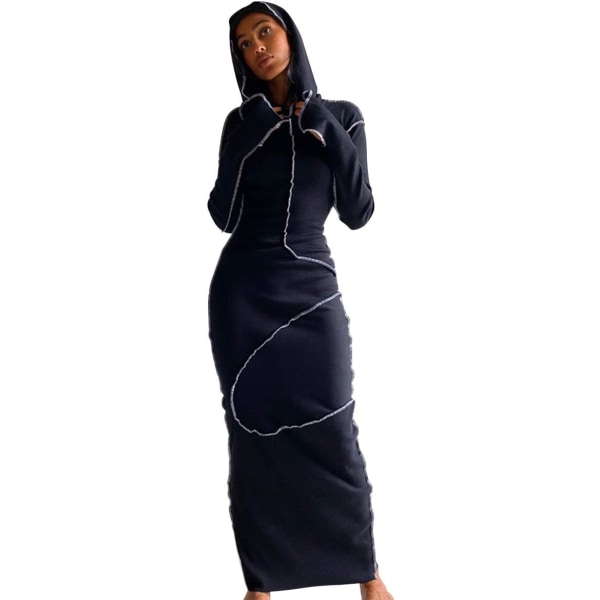 swe Sexig långärmad dam Bodycon Solid hoodie Patchwork Lång klänning med hög midja Svart X-Large