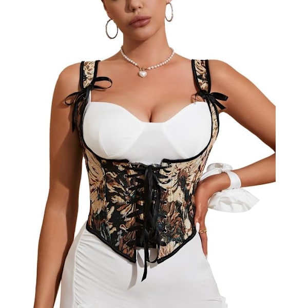 vila.Y Fashion Dam Floral Print Underbust Korsett Vintage Renässans Tank Top Väst Camisole Svart X-Large