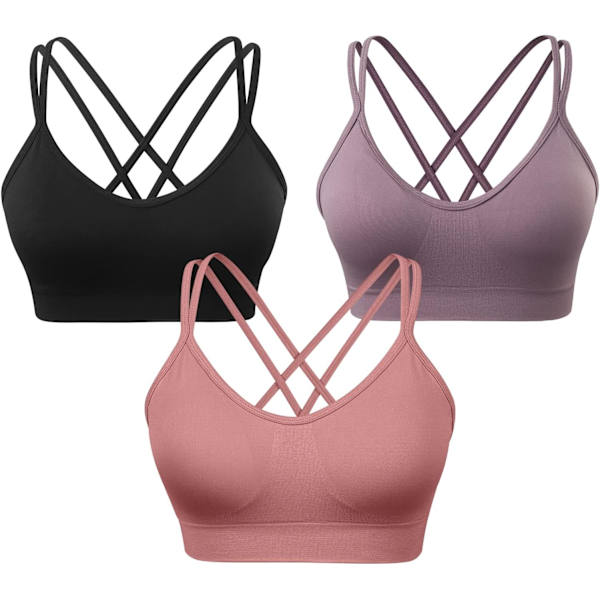 NG Dam Cross Back Sport-BH Vadderad Rem Sports-BH med Medium Support Yoga-BH för Träning Fitness 3-pack 3pack(svart+rosa+lila) Stor