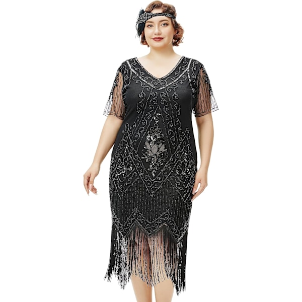 EYOND Plus Size 1920-tals Art Deco Fransad Paljettklänning Flapper Gatsby Kostymklänning för Kvinnor Svart 5X-Large Plus