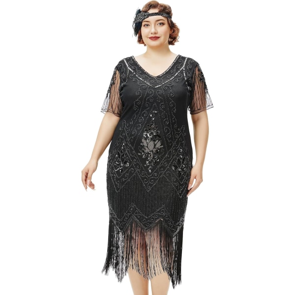 EYOND Plus Size 1920-tals Art Deco Fransad Paljettklänning Flapper Gatsby Kostymklänning för Kvinnor Svart XX-Large Plus