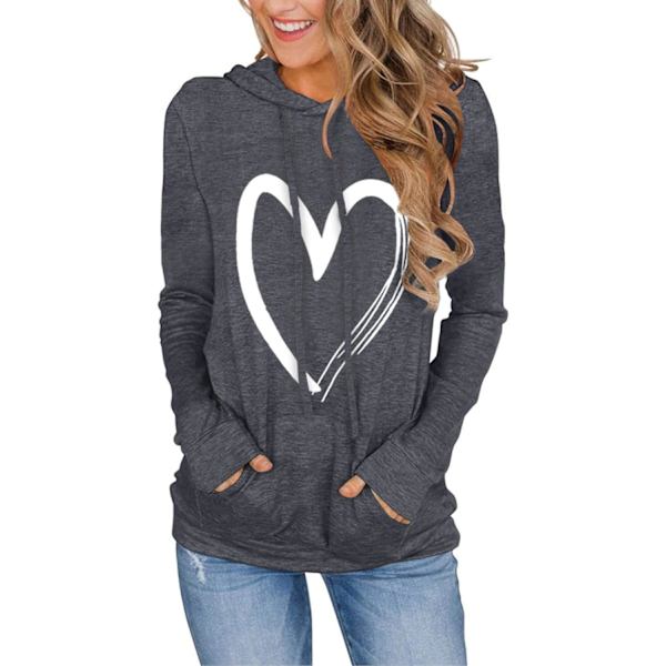 Kvinnors Hoodies Pullover Söta Hjärta Sweatshirts Långärmade Toppar med Fickor