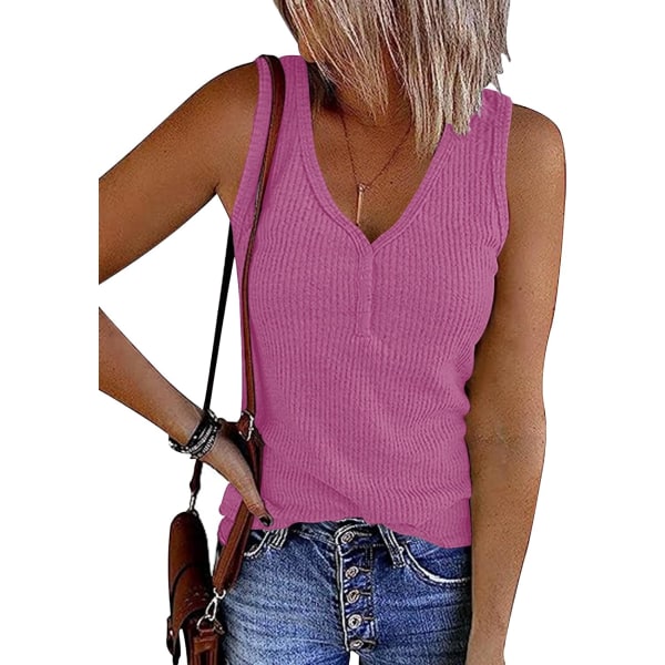 MOON Ribbstickade linne för damer V-hals ärmlösa & kronbladsärmar S-2XL 01/Hot Pink Medium