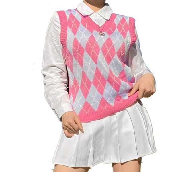 pels Argyle Sweater Vest Kvinnor y2k Rutig Stickad Streetwear Preppy Stil V-halsad Crop Knitwear Skola Tank Top för Flicka