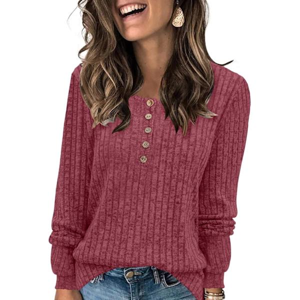 MOON Damkläder Lätt Tröjor 2024 Långärmad Henley Skjorta Höst Casual Crewneck Tunika Toppar Vinröd Liten