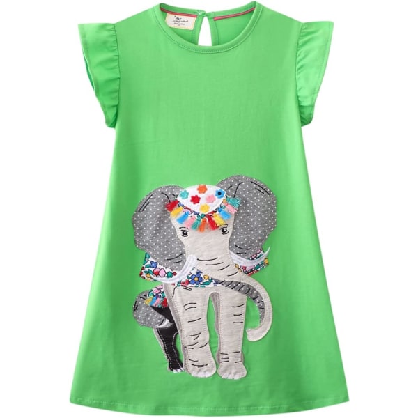 gshilian flickor bomull långärmade klänningar Söt tecknad randig festklänning Elefant&grön 7 år