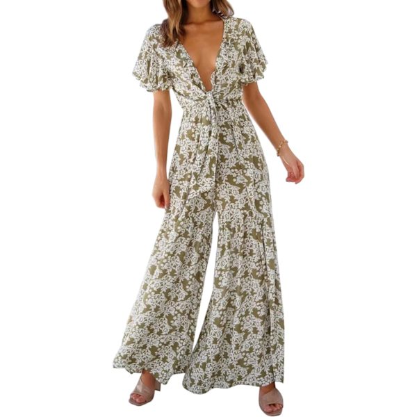 ivimos Dam Sommar Bomull Djup V-ringning Korta Ärmar Volanger Blommig Tryck Boho Byxa Jumpsuit Romper Grön Liten