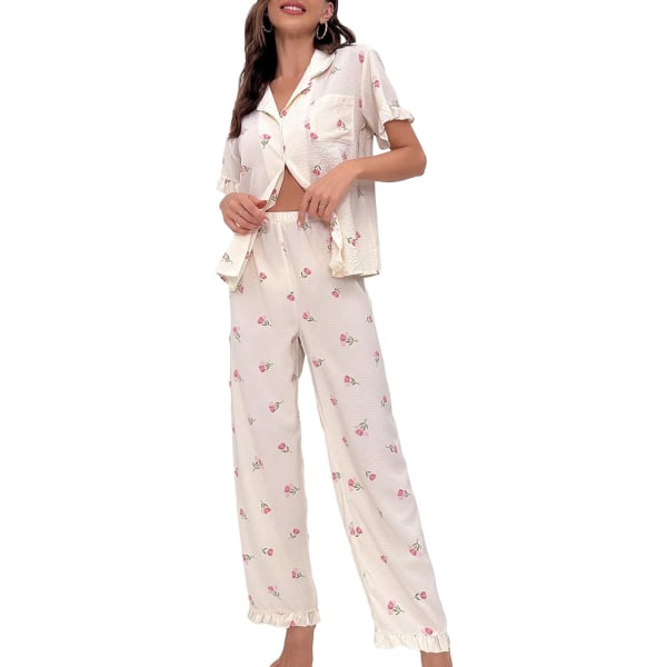 dusa Dam 2-delad tryckt pyjamas set sovkläder knapp upp skjorta med byxor blommig aprikos X-Large