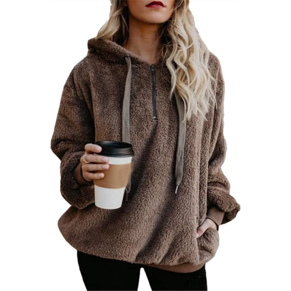 ekop Dam Sherpa Pullover Fuzzy Fleece Sweatshirt Oversized Hoodie Fickor Brun X-Large