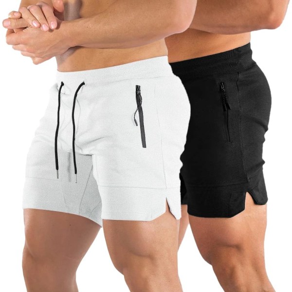 YM Herr 5\" Gym Träningsshorts, Åtsittande Jogging Shorts för Bodybuilding Löpning Träning med Dragkedjefickor Svart+vit Medium