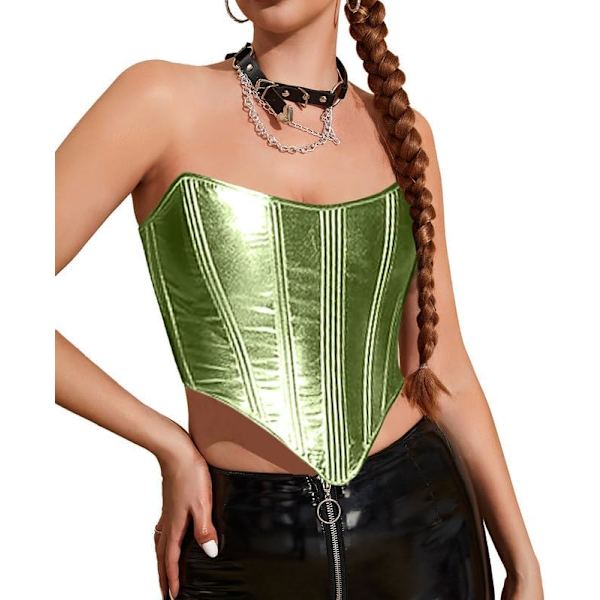 ay Korsett Toppar för Kvinnor Metallic Läder Korsett Topp Y2K Sexig Strapless Bustier Bodyshaper Grön Medium