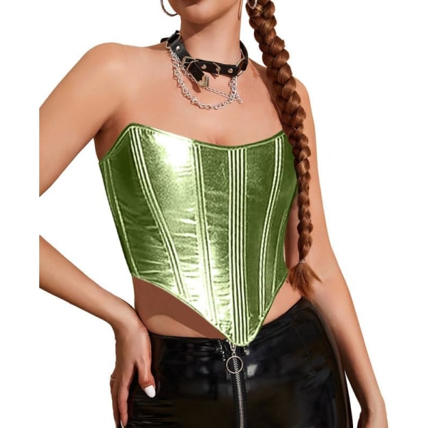 ay Korsetttoppar för kvinnor Metalliskt läderkorsetttopp Y2K Sexig axelbandslös Bustier Bodyshaper Grön Medium