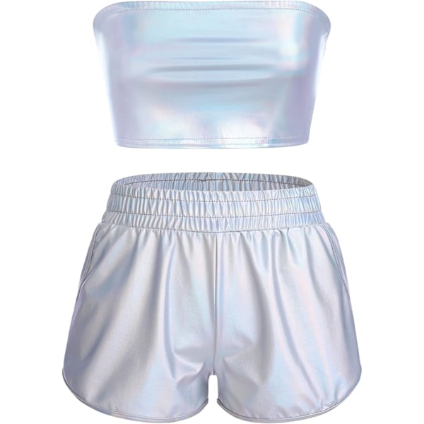 NSI Dam Sexy Holografisk Metallic Bandeau Top Strapless Bikini Reflekterande Blanka Booty Shorts Hög Midja Cheeky Clubwea #Laser Silver ( X-Large