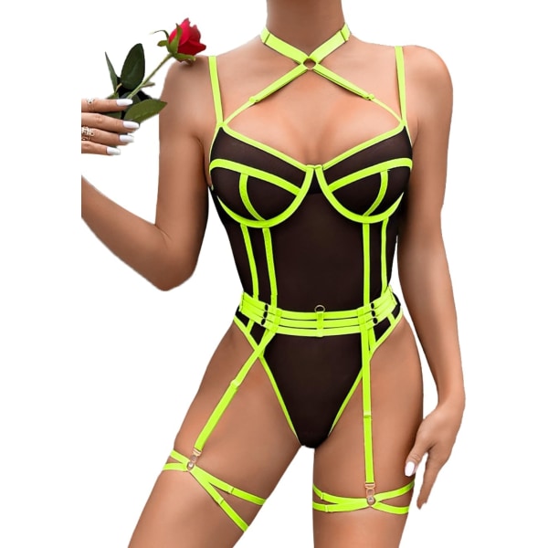 i&Shi Rave Outfits, Sexig Top Strappy, Snap Crotch, 3PC Backless Mesh Body Black&neon Gree 6-8