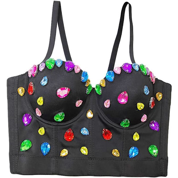 en's färgglada strass topp glittrande bustier crop top push up korsett bh clubwear 8618-svart stor