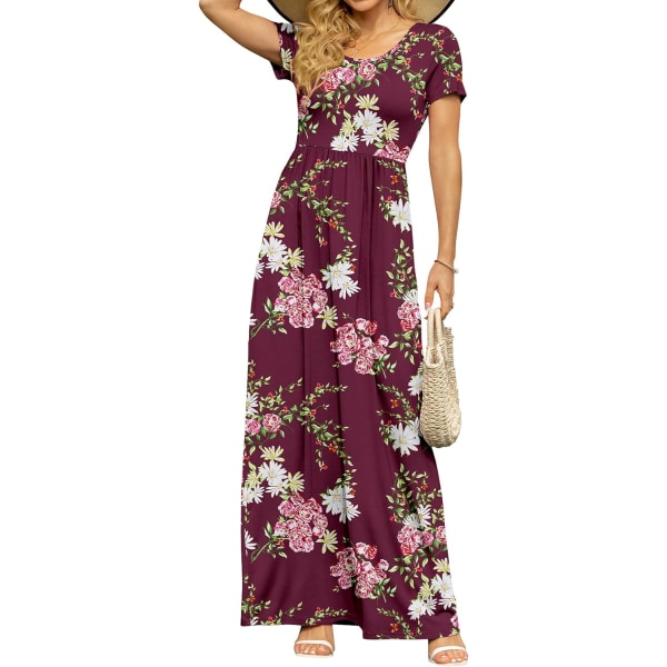 MOON kortärmade maxiklänningar för kvinnor Casual Empire Midja lång klänning med fickor Blomma Burgund Liten