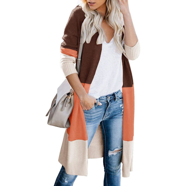ens Färgblock Randig Cardigan Långärmad Öppen Framtill Stickad Tröja Cardigan med Fickor Z-coffe Stor