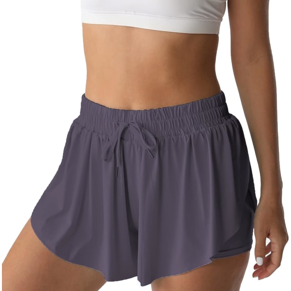 Atletiska shorts för kvinnor löpning tennis Butterfly shorts flickor 2-i-1 dubbellager snabbtorkande bekväma shorts mörkgrå liten