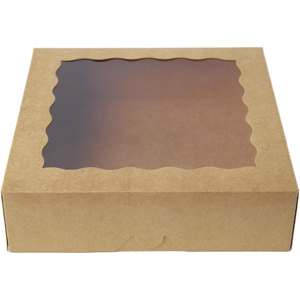 [st]9 tums Kraft Brown Bageri lådor, EN TILL Stora Paj lådor med PVC fönster Naturlig engångslåda för kaka 9x9x2,5 tum, 25 förpackningar